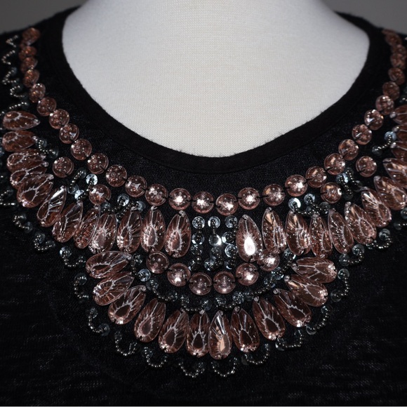 Rose Gold Beaded Neckline Black Blouse with Bow Tie in Back - Picture 6 of 8